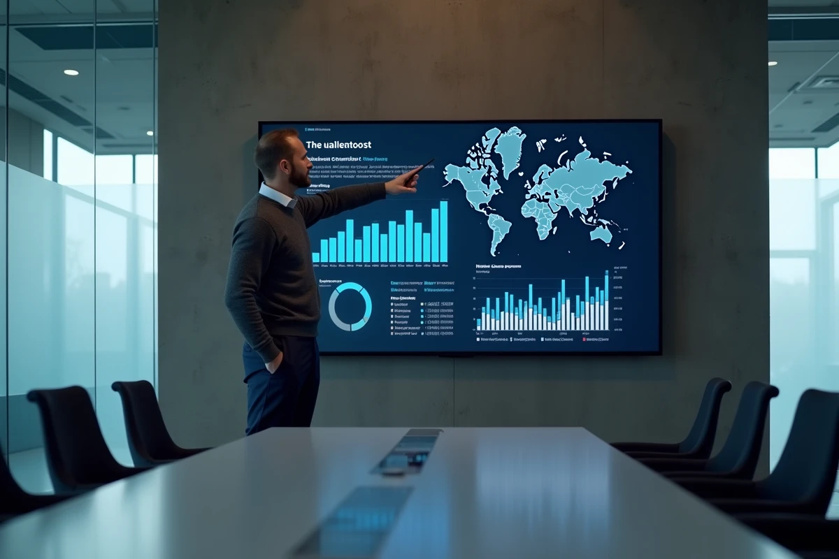 Consultant présentant des tableaux de bord d'indicateurs économiques territoriaux sur écran numérique en salle de réunion