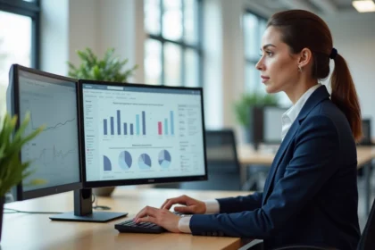 Une professionnelle analysant une campagne PPC sur un tableau de bord de gestion des enchères au coût par clic