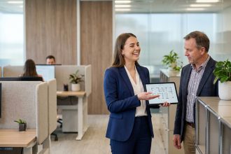 Femme d'affaires en costume dans un bureau moderne