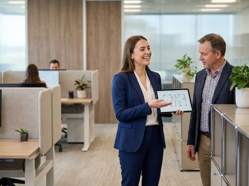 Femme d'affaires en costume dans un bureau moderne