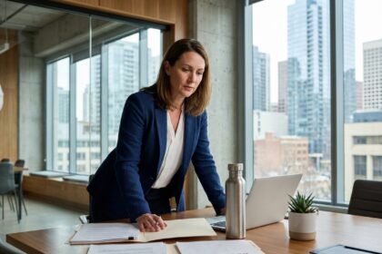 Une professionnelle examine des documents de marchés publics intégrant des critères environnementaux dans un bureau moderne