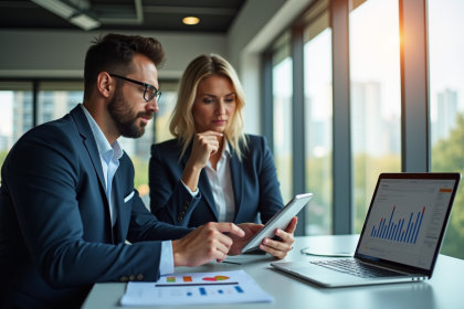 Deux professionnels analysant des graphiques de ventes colorés