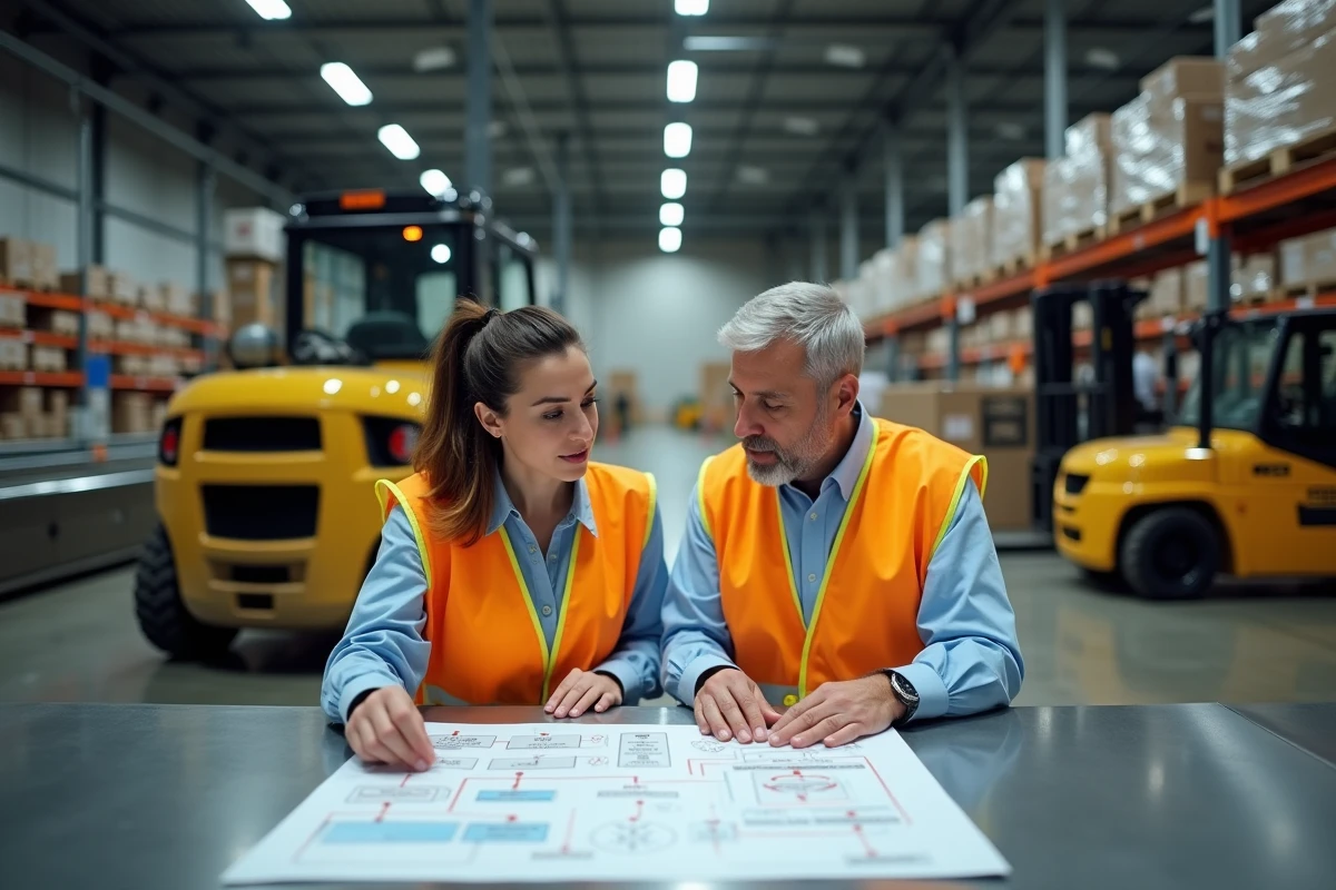 Deux professionnels de la chaîne logistique analysant un diagramme de flux dans un centre de distribution actif