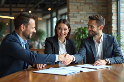 Trois professionnels en réunion dans un bureau moderne