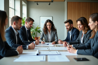 Groupe de professionnels en réunion autour de documents durabilite