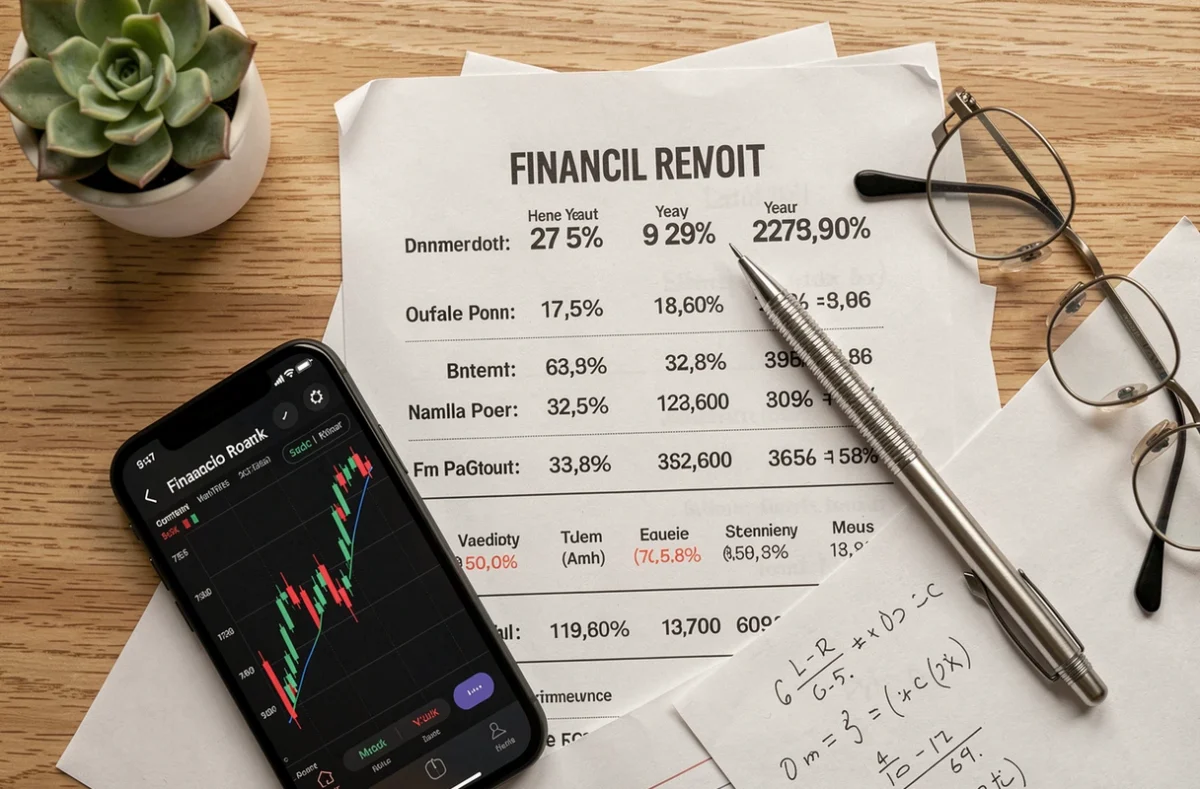 Vue aérienne d'un bureau avec rapport financier Neos Wave, notes manuscrites et graphiques de performance 2026