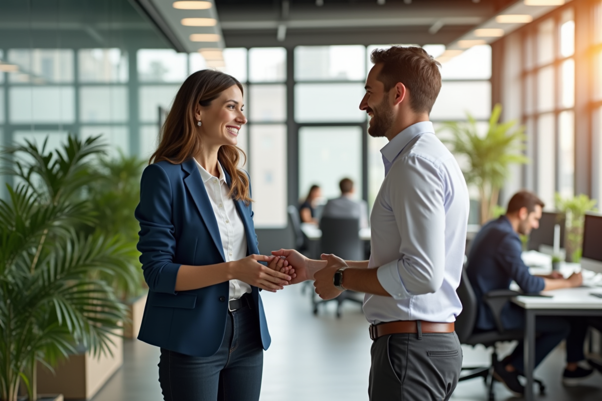 Manager RH accueillant un nouvel employé dans un espace lumineux