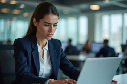 Femme professionnelle devant un ordinateur portable avec un formulaire de récupération de mot de passe ouvert dans un bureau moderne