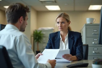 Femme inquiète face à un conseiller Pôle emploi lors d'un refus d'indemnisation chômage