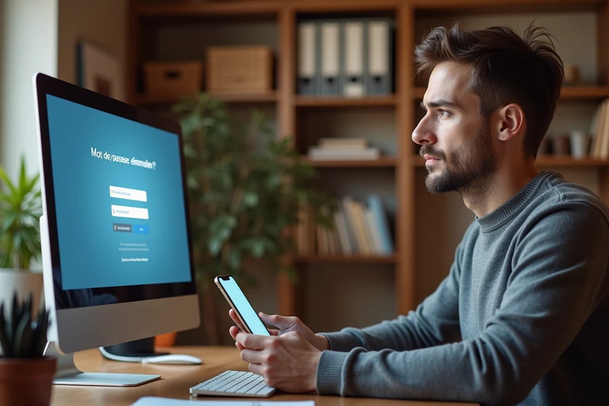 Homme en télétravail consultant son smartphone pour récupérer l'accès à son compte sur un portail professionnel