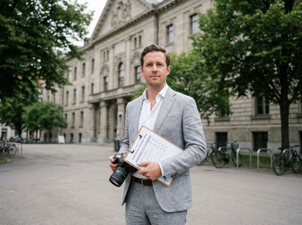 Un responsable des marchés publics devant un bâtiment municipal avec des documents d'appel d'offres incluant des critères écologiques