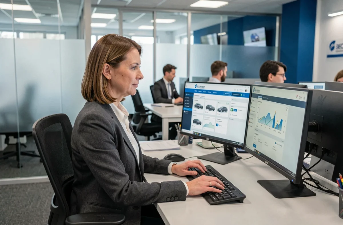 Responsable d'agence gérant l'espace affilié Sécuritest sur ordinateur dans un bureau professionnel