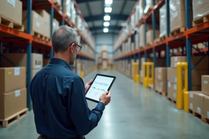 Responsable logistique consultant des données de supply chain sur tablette dans un entrepôt moderne et organisé