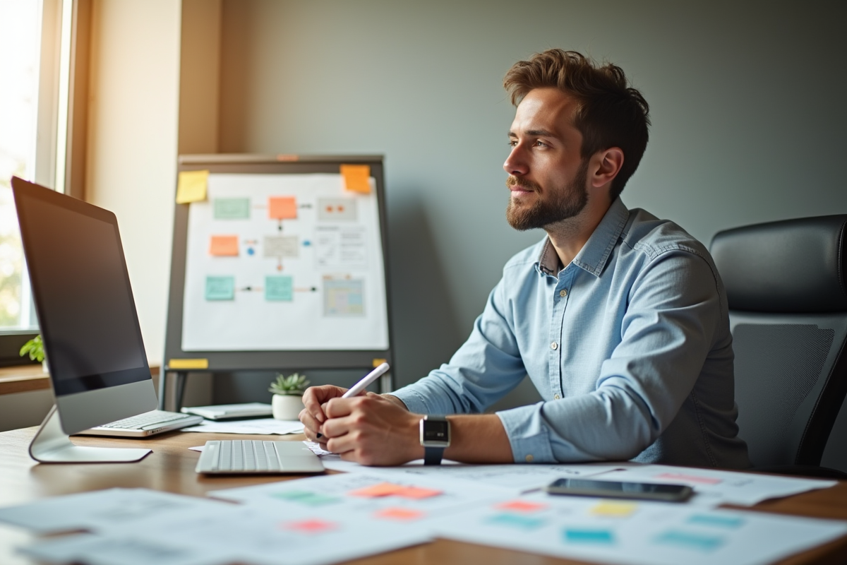 Manager marketing planifiant une strategie de vente avec notes