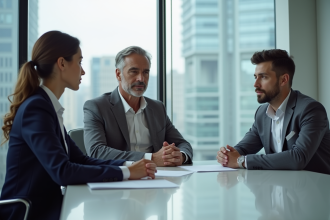 Trois professionnels en réunion dans une salle moderne
