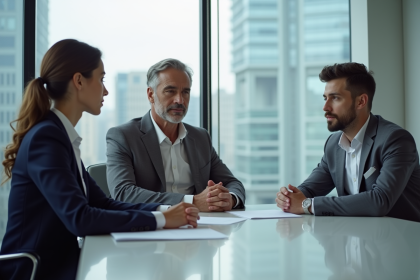 Trois professionnels en réunion dans une salle moderne