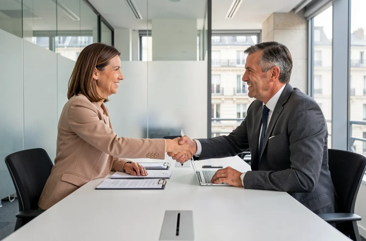 Réunion entre un consultant RH en portage salarial et un client en salle de réunion d'entreprise