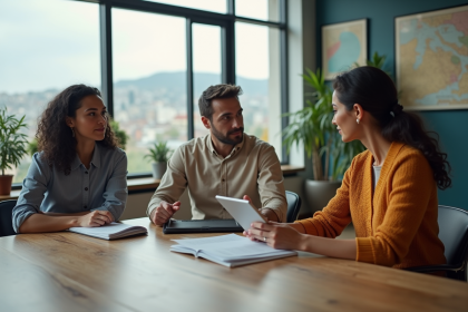 Trois adultes en discussion dans un bureau moderne