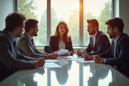 Groupe de professionnels discutant autour d'une table lumineuse