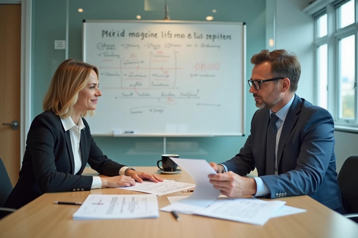 Deux professionnels discutant de documents relatifs aux services de transfert de fonds en réunion