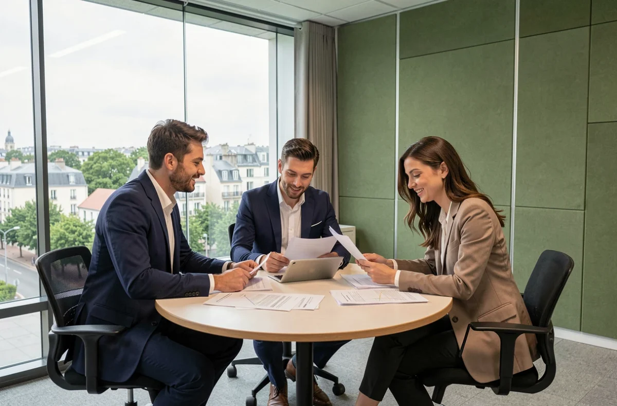Groupe de professionnels en réunion dans une salle de conférence vitrée d'un espace de coworking à Saint-Mandé