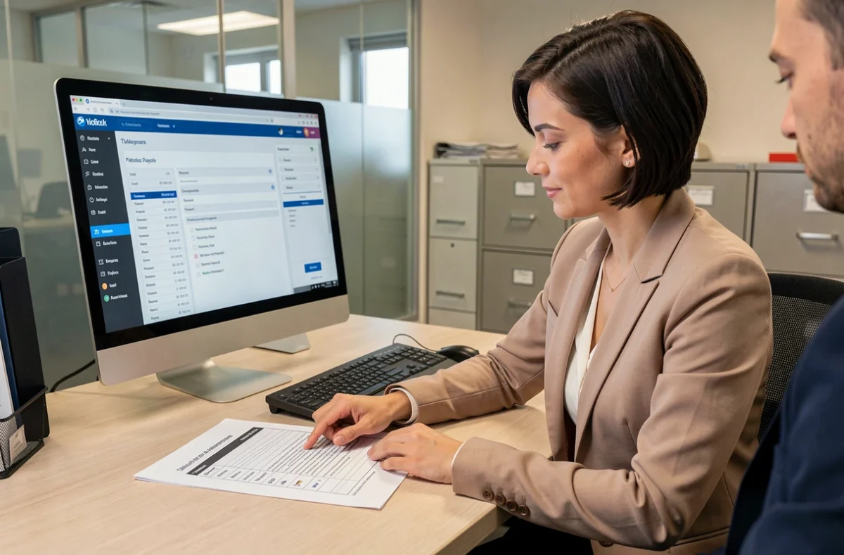 Professionnelle RH expliquant les étapes pour résoudre un problème d'accès aux fiches de paie sur la plateforme My Arkevia à l'aide d'une liste de vérification imprimée