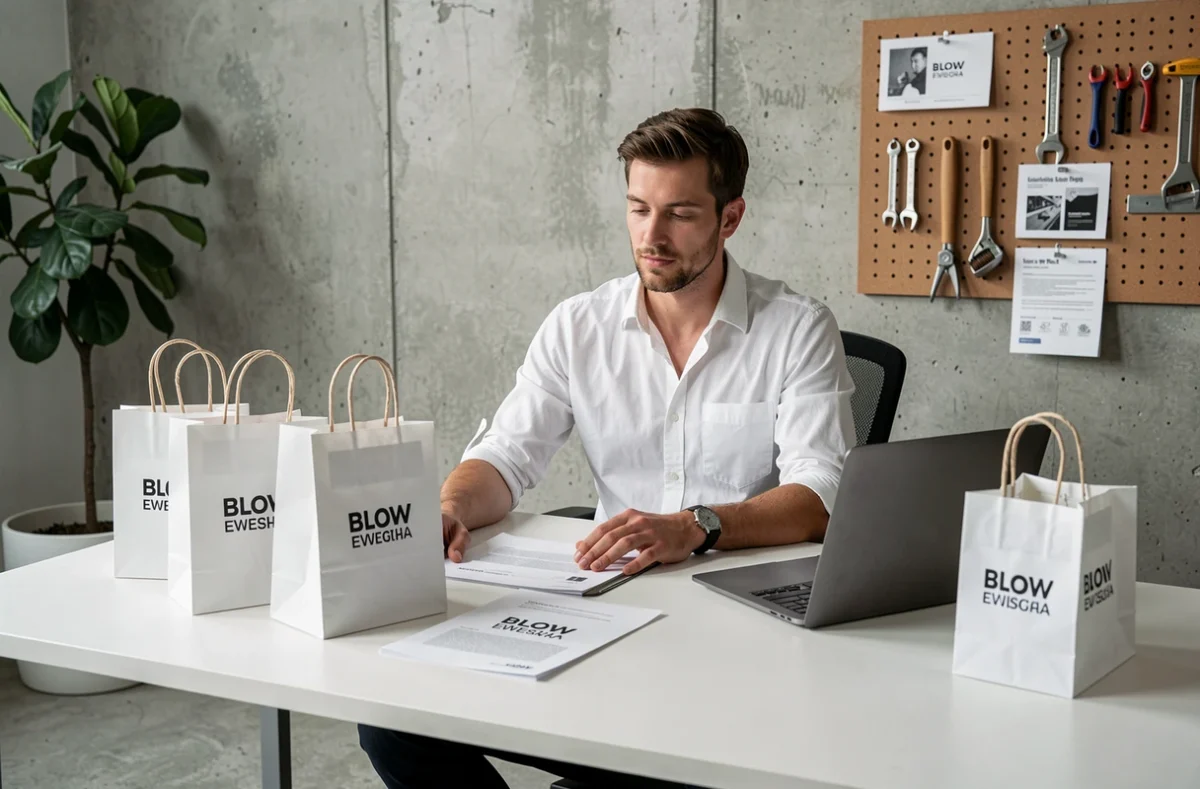 Entrepreneur organisant des sacs papier personnalisés en petite quantité sur un bureau de création