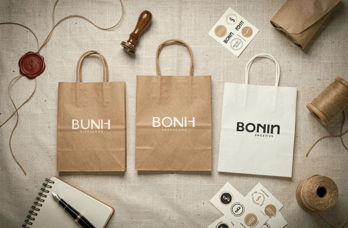 Assortiment de sacs papier personnalisés en petite quantité sur fond de lin texturé, vue de dessus