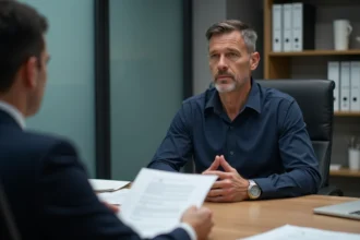 Salarié discutant d'un licenciement pour faute grave avec un responsable RH dans un bureau professionnel