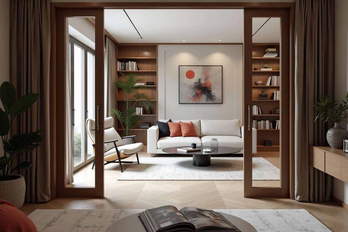 Salon moderne avec fauteuil design et étagères