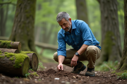 Scientiste environnement en forêt examinant le sol