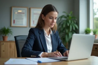 Secrétaire juridique professionnelle travaillant sur des documents légaux dans un bureau moderne et épuré