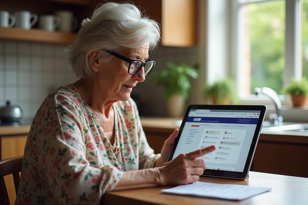 Senior consultant le portail officiel de La Poste sur une tablette depuis son domicile