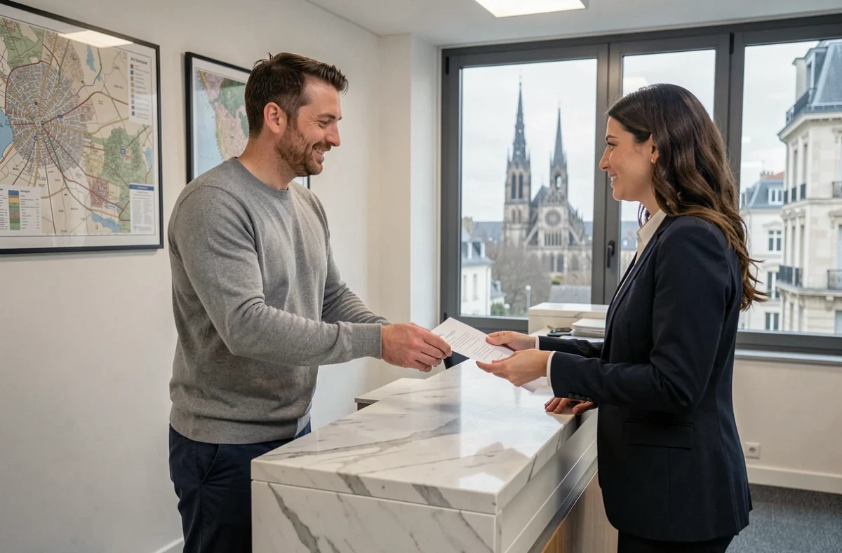 Entrepreneur signant un contrat de domiciliation d'entreprise dans un centre professionnel à Reims