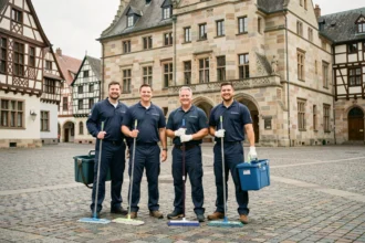 Équipe de nettoyage professionnelle en uniforme devant un bâtiment alsacien dans le Grand Est