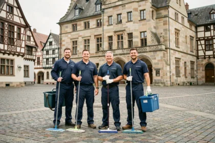 Équipe de nettoyage professionnelle en uniforme devant un bâtiment alsacien dans le Grand Est