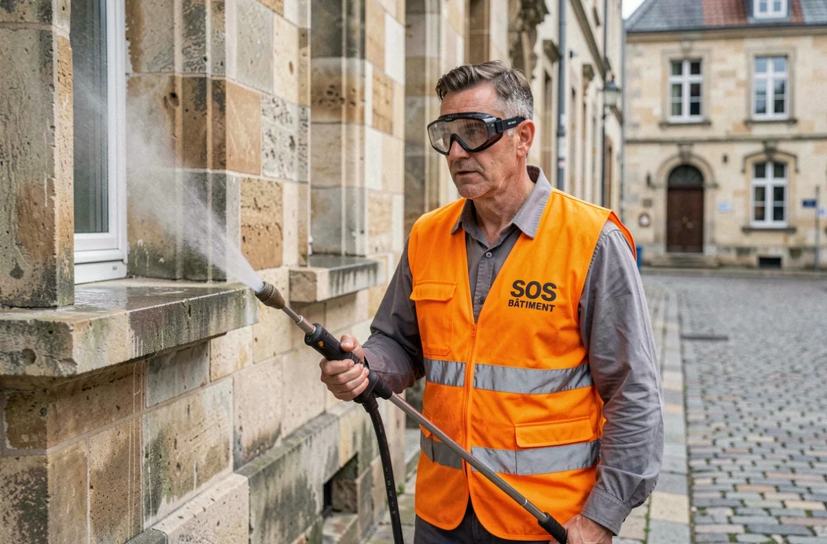 Technicien SOS Bâtiment en gilet orange nettoyant au jet haute pression la façade d'un bâtiment historique en pierre