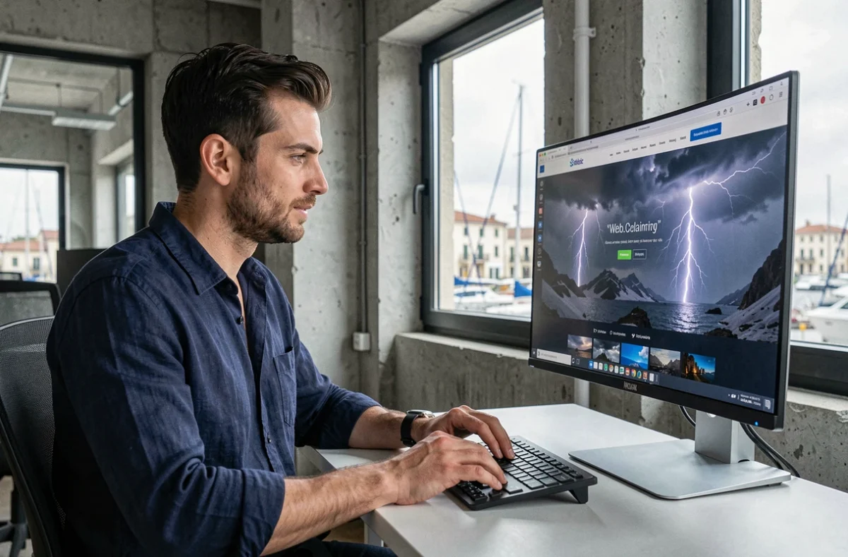 Développeur web masculin dans la trentaine travaillant sur un design de site internet dans un studio moderne à Marseille avec vue sur le Vieux-Port