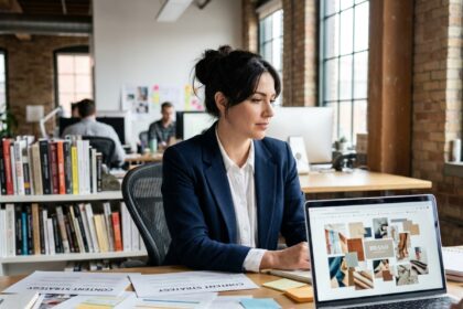 Stratège en contenu féminine travaillant sur une stratégie de marque éditoriale dans une agence créative moderne