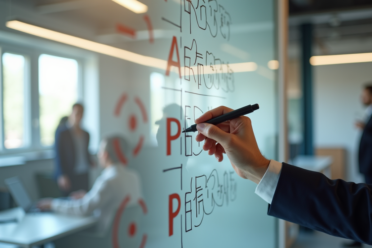 Main écrivant stratégie marketing avec mots P en arrière-plan