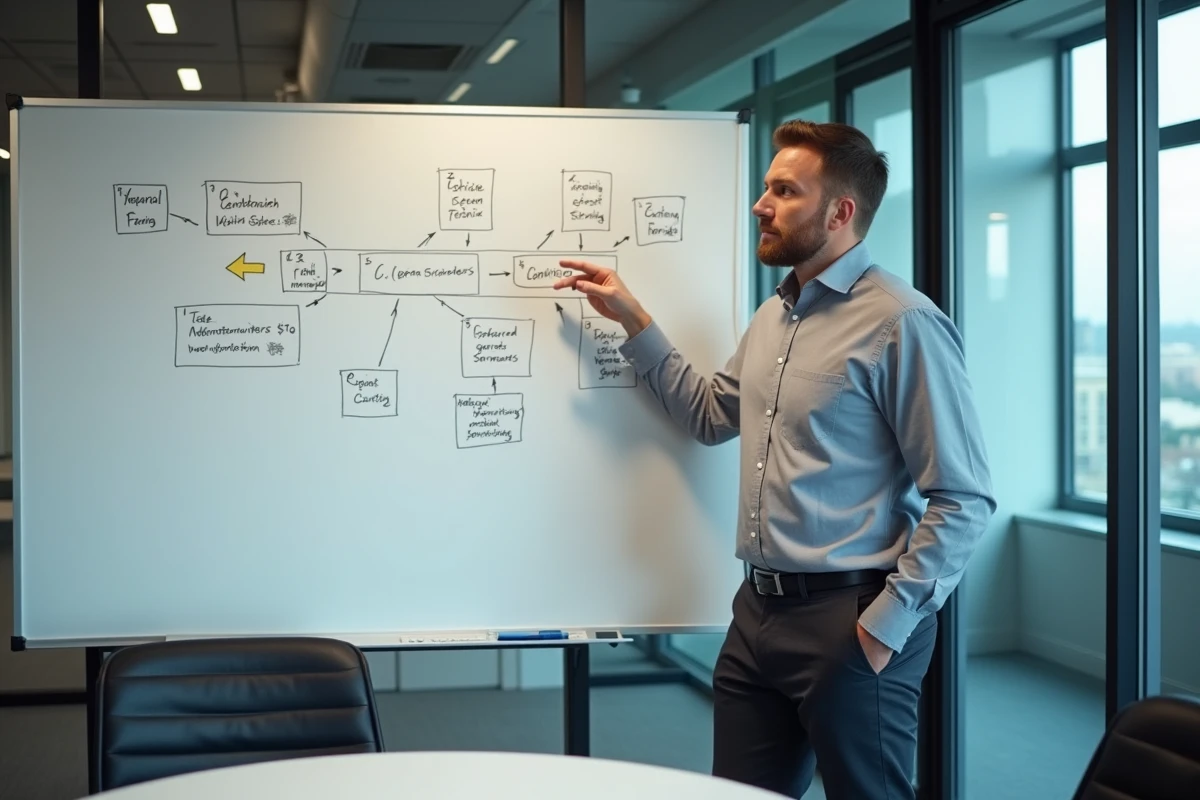 Chef de projet présentant une stratégie de visibilité digitale à budget maîtrisé sur tableau blanc dans une salle de réunion de PME