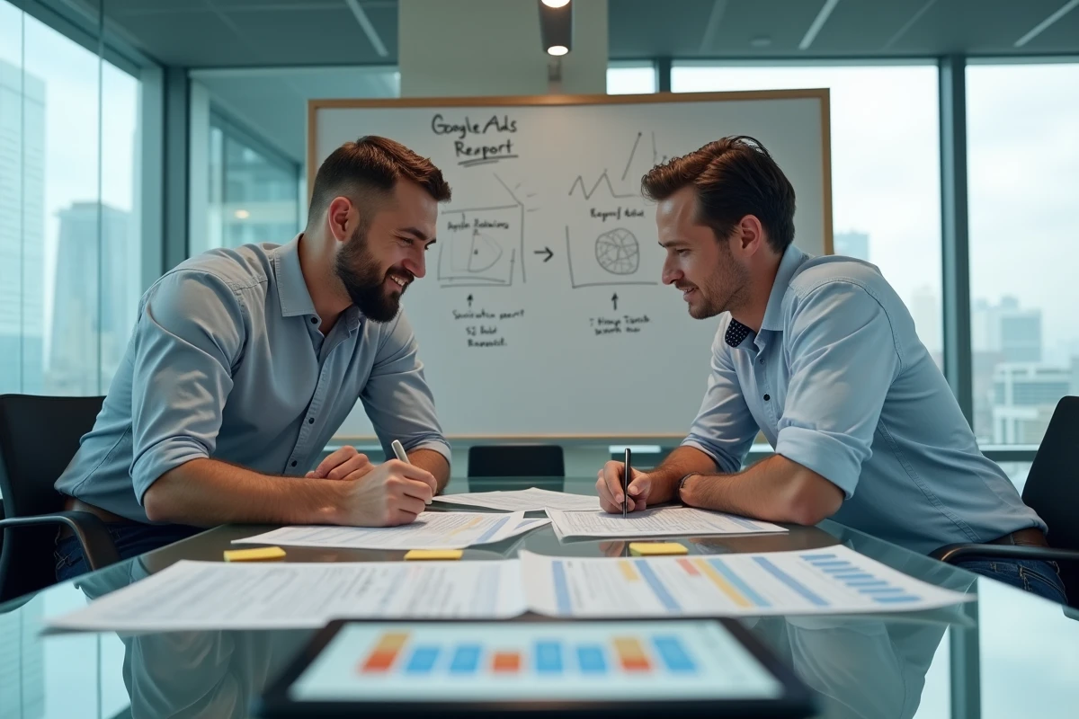 Deux spécialistes en marketing digital discutant de la structure d'une campagne PPC autour d'une table de réunion