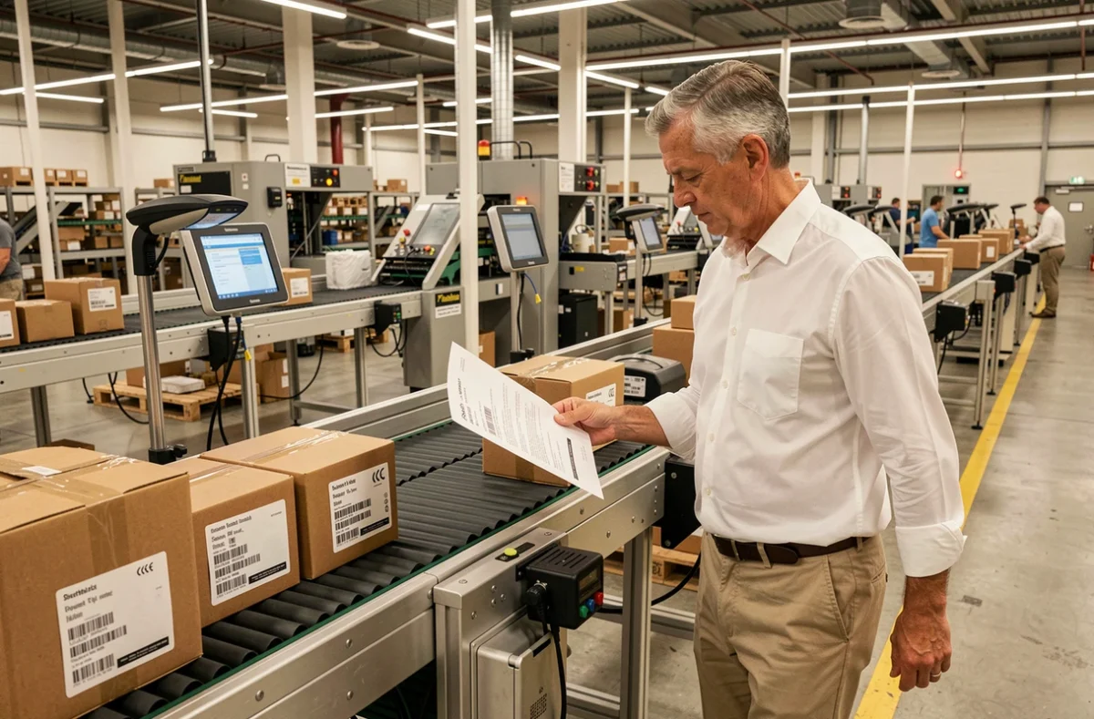 Directeur opérationnel supervisant le tri de colis sur un tapis roulant dans un centre de distribution internationale