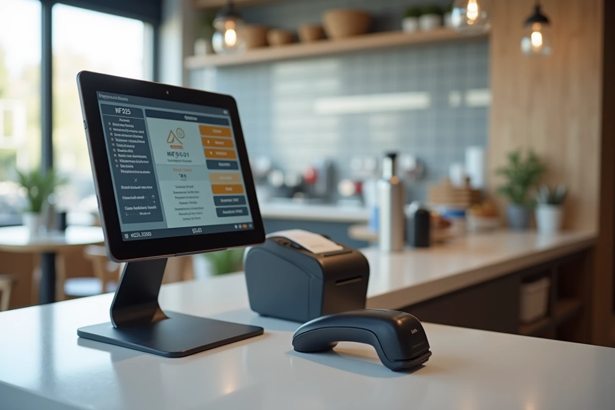 Tablette tactile avec logiciel de caisse NF525 et imprimante ticket sur comptoir de restaurant ou café