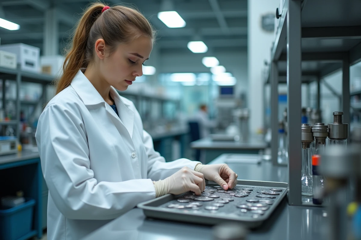 Technicienne en laboratoire examinant des echantillons de metal en laboratoire