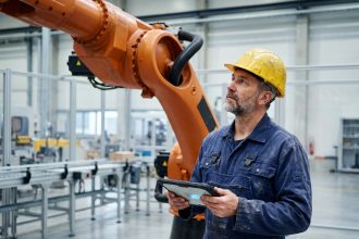 Technicien industriel avec casque surveillant une robotique