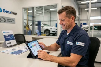 Technicien Sécuritest consultant son espace affilié sur tablette à l'accueil d'un centre de contrôle technique