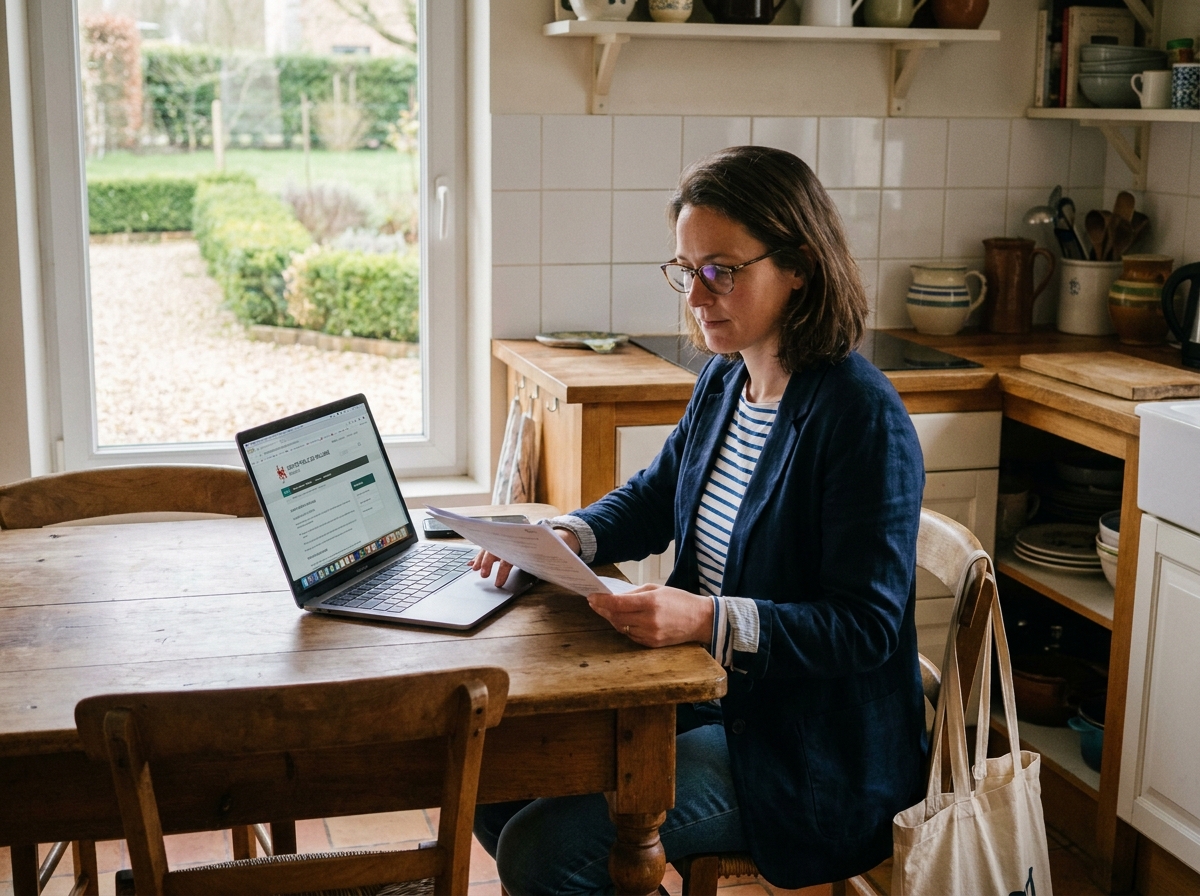 Une femme travailleuse frontalière qui prépare ses documents administratifs depuis son domicile en France pour son emploi à Bruxelles