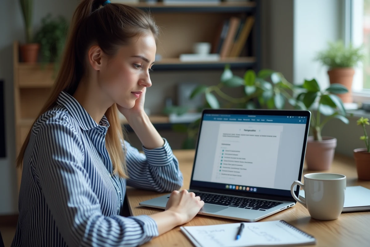 Employée RATP en télétravail consultant une checklist de dépannage sur le portail Urbanweb avant d'appeler l'assistance