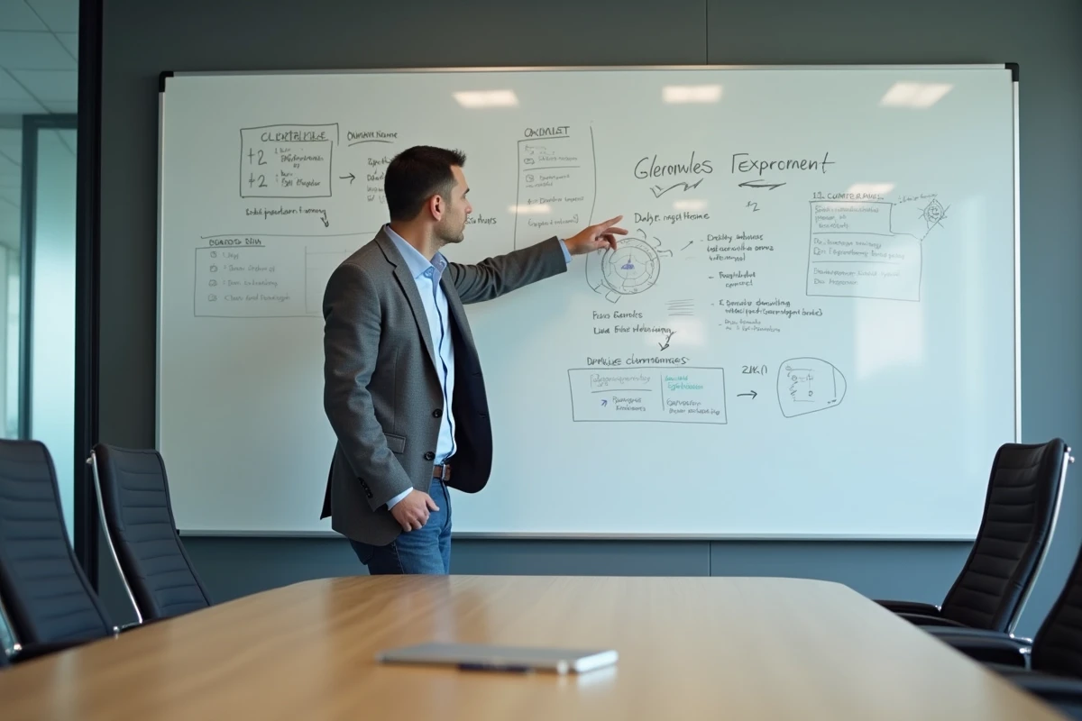 Expert professionnel debout devant un tableau blanc en salle de réunion, présentant ses domaines d'expertise et ses points de contact dans un cadre corporatif moderne